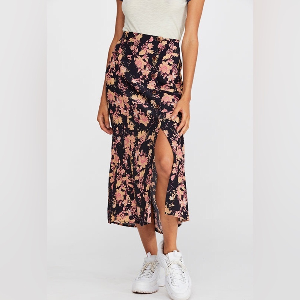 Free People Retro Love Floral Midi Skirt Button Front Slit Boho Size 6